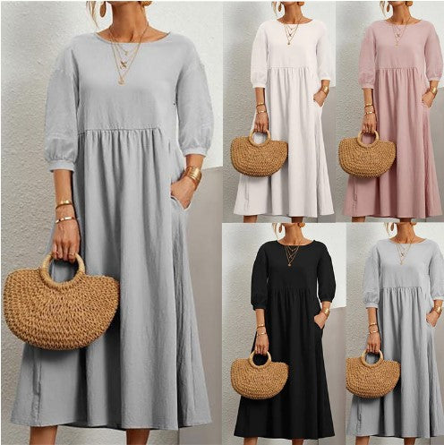 Damen Maxikleid mit eleganter Taillierung und voluminösen Ärmeln Drune