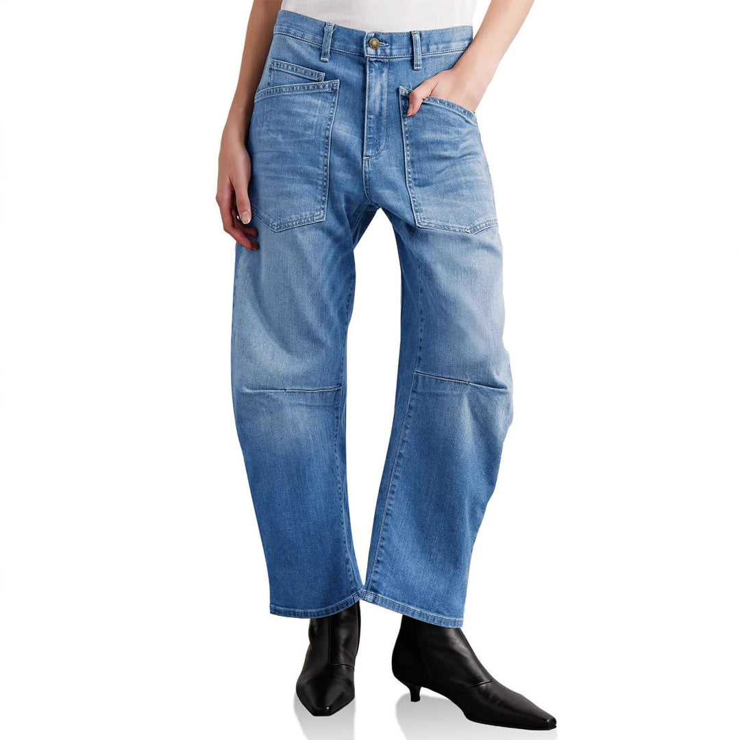 Damen halbhohe Denim-Hose mit einzigartigen aufgesetzten Taschen Drune
