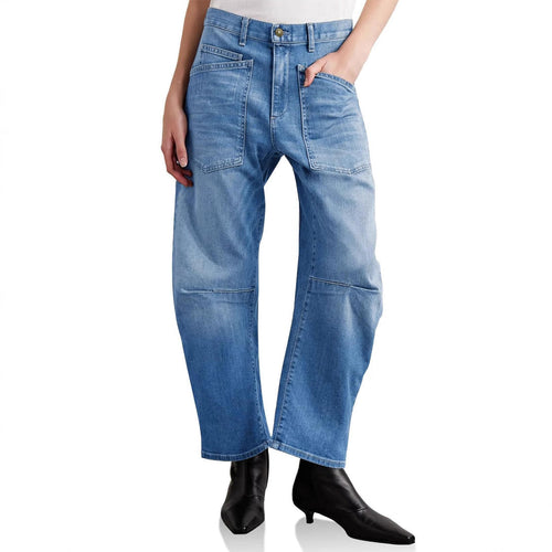 Damen halbhohe Denim-Hose mit einzigartigen aufgesetzten Taschen Drune