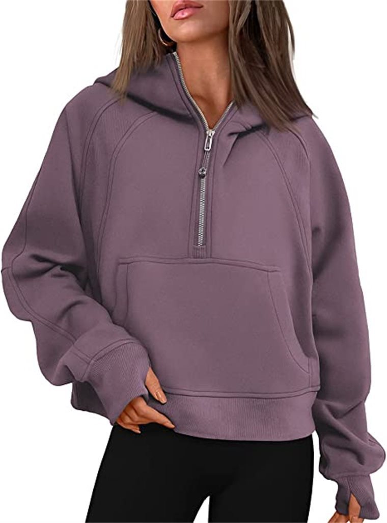 Damen Kapuzenpullover mit halbem Reißverschluss und praktischer Kängurutasche Drune