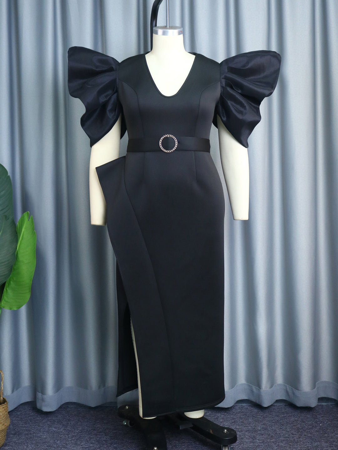 Damen Elegantes Abendkleid mit voluminösen Puffärmeln und einem stilvollen Gürtel Drune