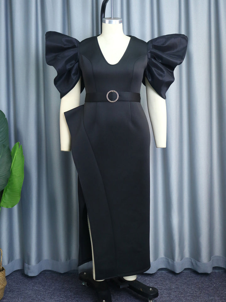 Damen Elegantes Abendkleid mit voluminösen Puffärmeln und einem stilvollen Gürtel Drune