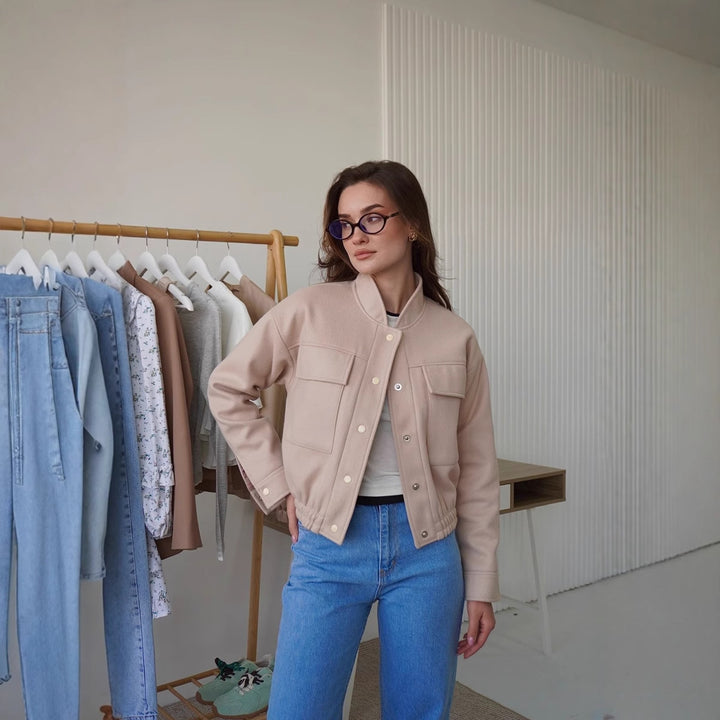 Damen modische Kurzjacke mit praktischen Taschen und coolem Kragen Drune