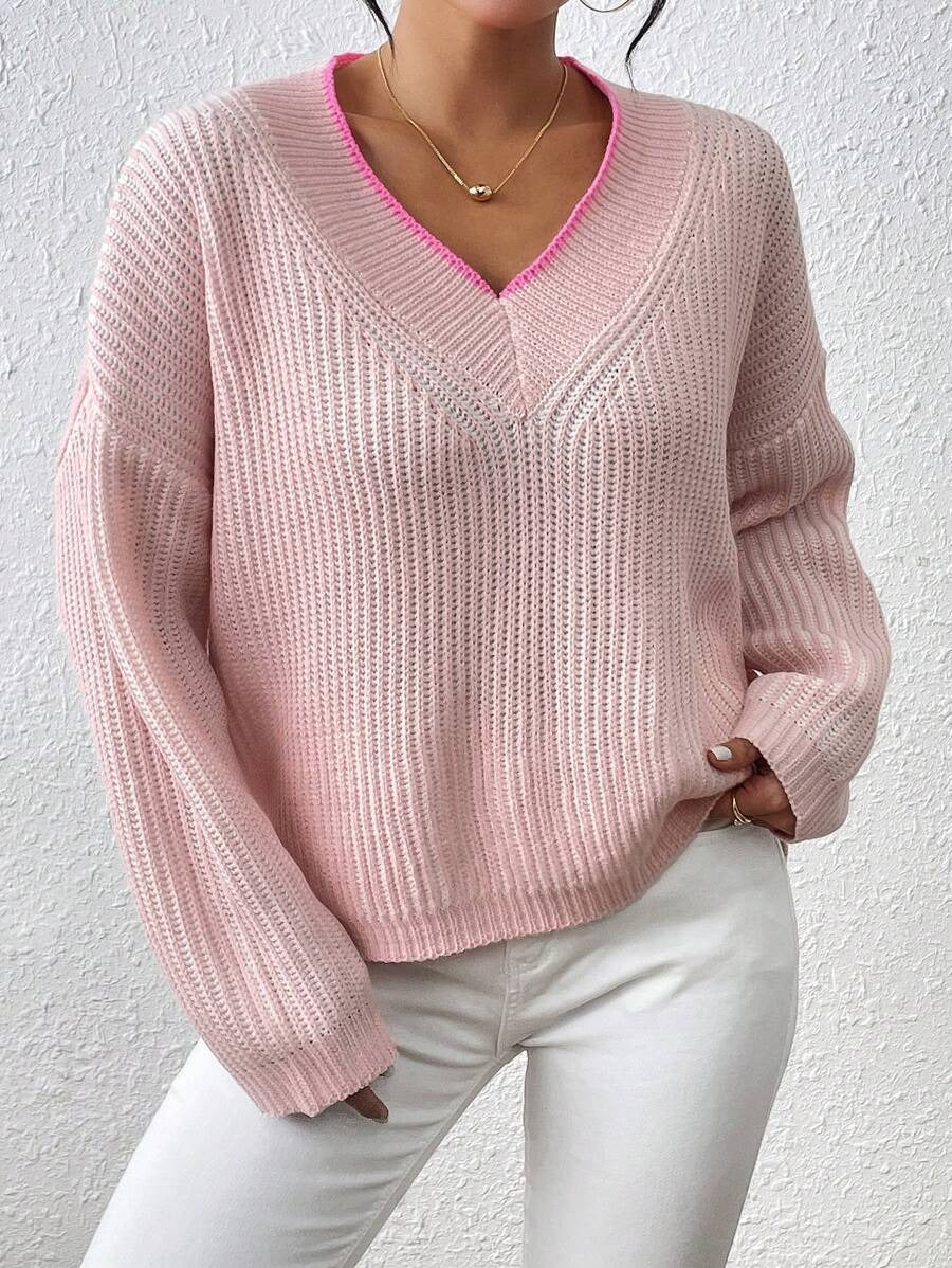 Damen Grobstrickpullover mit modernem V-Ausschnitt und trendigen Farbakzenten Drune