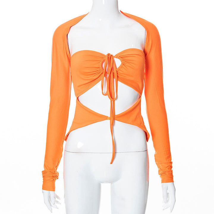 Damen Langarm-Trägershirt mit kreativem Cut-out und eleganter Wickeloptik Drune