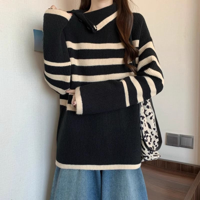 Damen Gestreifter Pullover mit modernem Kragen und Knopfdetails Drune