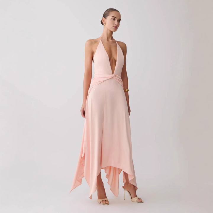 Damen Elegantes Wickelkleid mit tiefem V-Ausschnitt und asymmetrischem Saum Drune