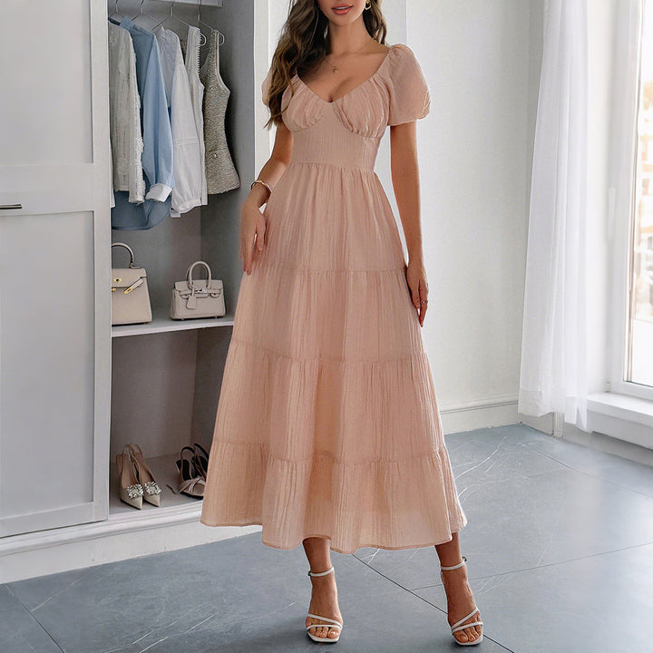 Damen Boho Maxikleid mit Puffärmeln undlagenanpassbarem Schnitt Drune