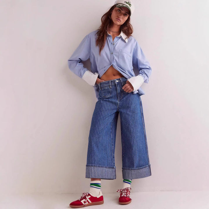 Damen Elegante weit geschnittene Jeans mit aufgenähten Streifen Drune