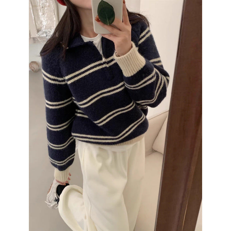 Damen Strickpullover mit Halbreißverschluss und gestreiftem Design Drune
