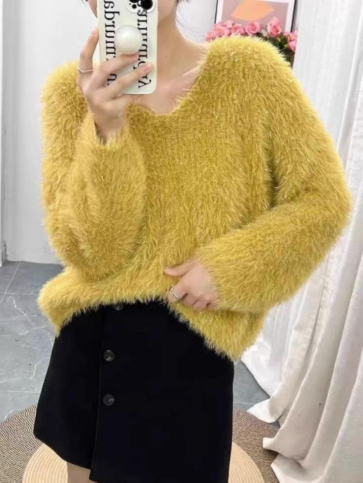 Damen kuscheliger V-Ausschnitt Pullover mit glitzerndem Faden Drune
