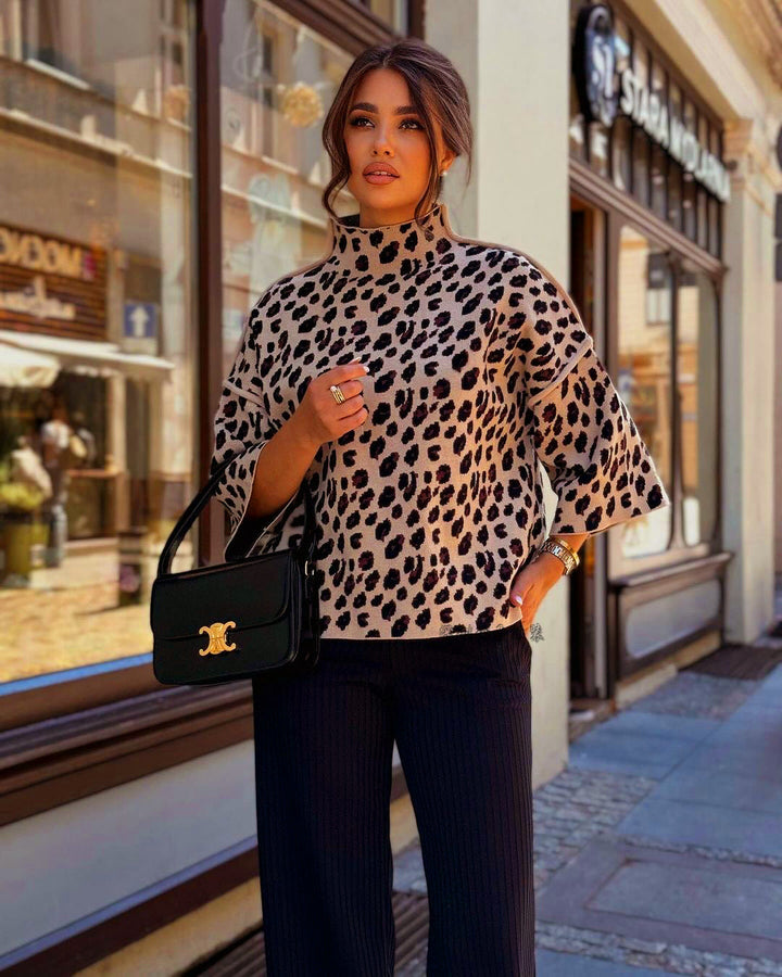 Drune | Sweatshirt - Lockerer Schnitt Strick - Hoher Kragen - Leopardenmuster - 3/4 Ärmel Lässiger Stil