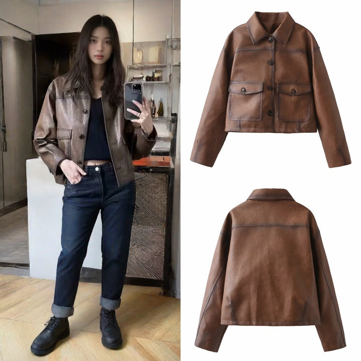 Damen Kunstlederjacke im modernen Cropped-Design mit praktischen Taschen Drune