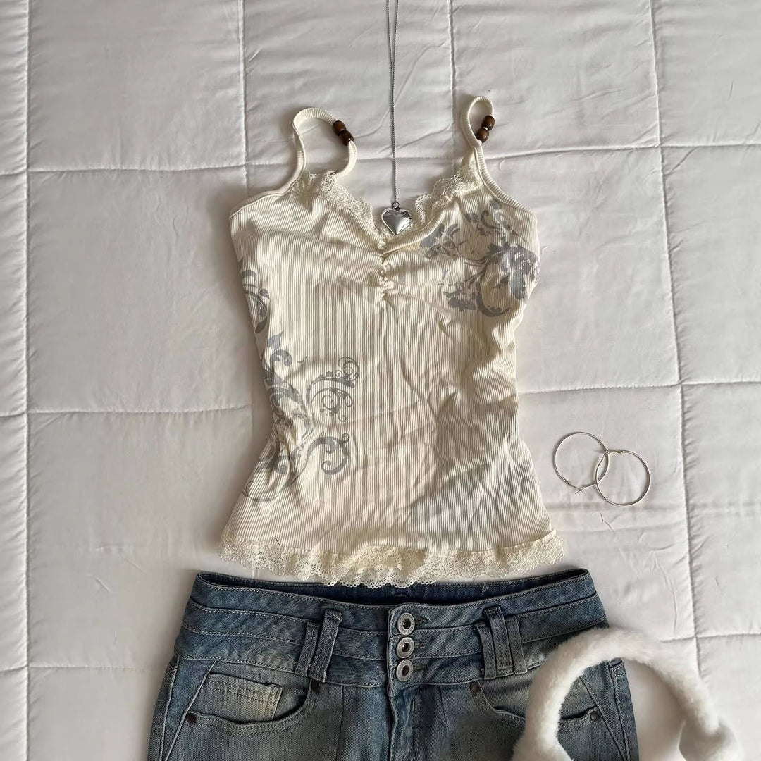 Damen Verspieltes Spaghetti-Träger Top mit Spitzendetails Drune