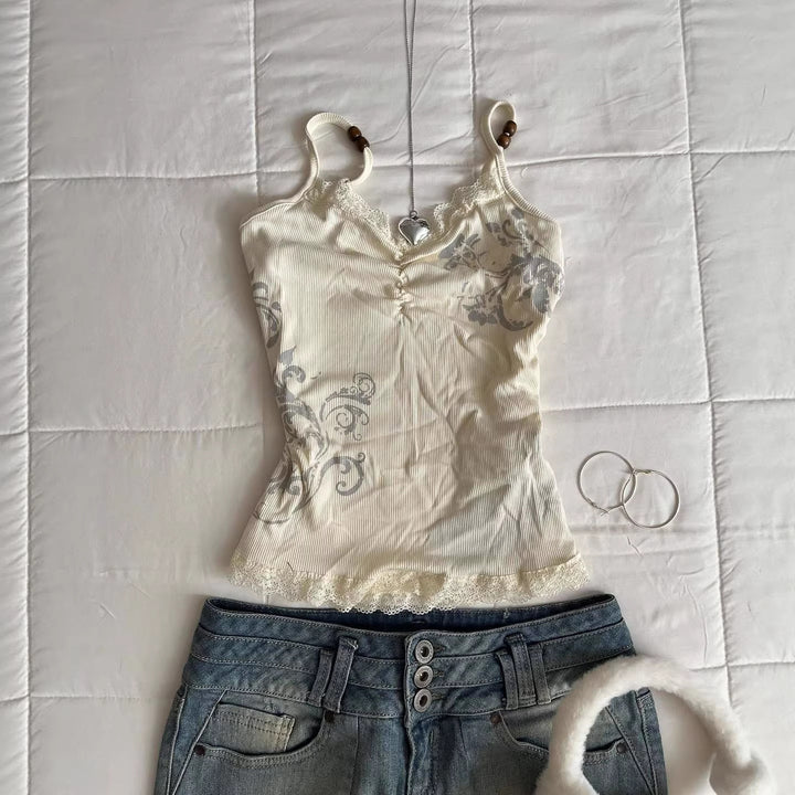 Damen Verspieltes Spaghetti-Träger Top mit Spitzendetails Drune