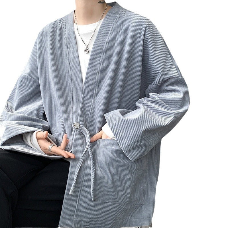 Herren nan oversized Cord-Kimono-Cardigan mit Kordelzug, aufgesetzten Taschen und Tropfenärmeln Drune