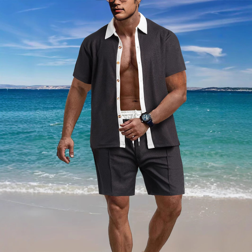 Herren nan modernes Freizeit-Set aus feinem Strukturjersey mit Hemdkragen-Knopfleiste und Kordel-Shorts Drune