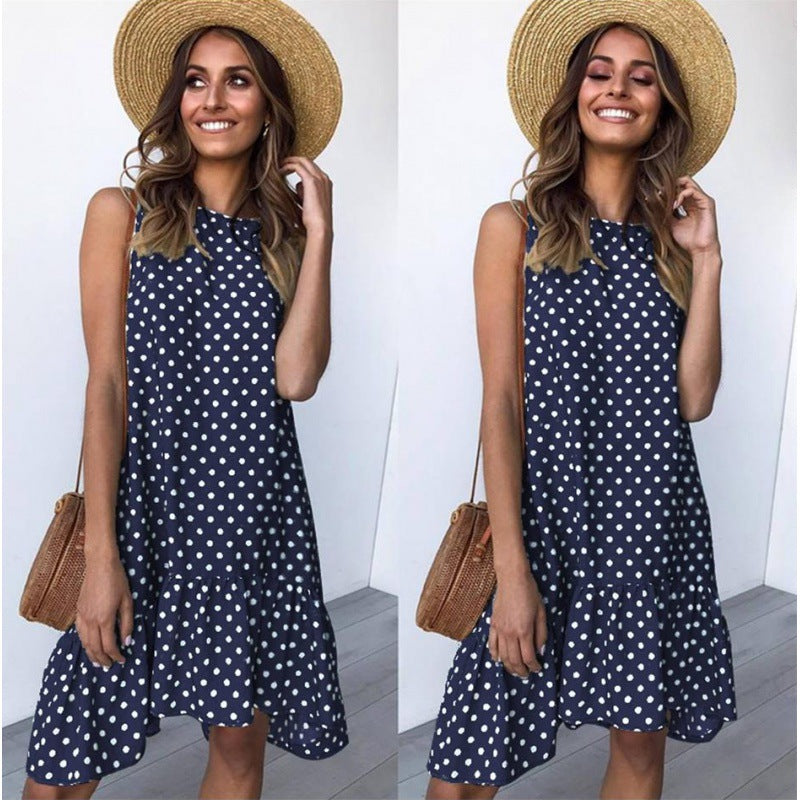 Damen Sommerliches A-Linien Kleid mit Rüschensaum und Punkten Drune