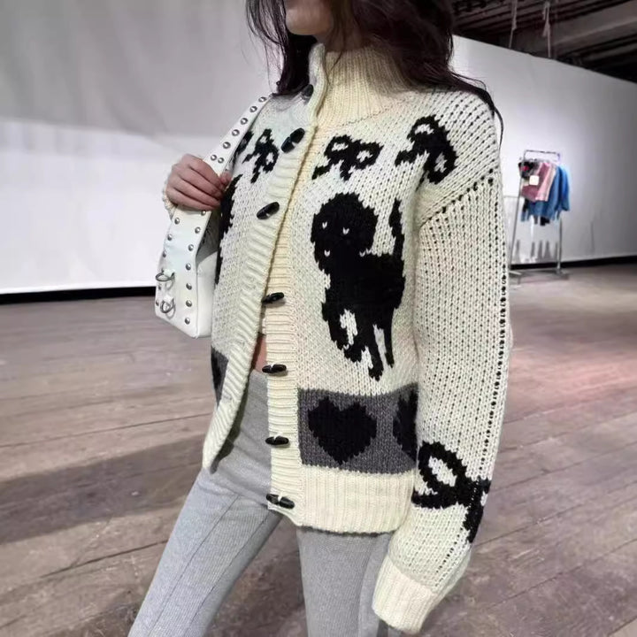Damen Strickjacke mit trendigem Tiermotifs und hoher Kragen Drune