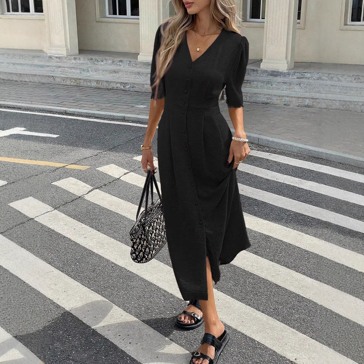 Damen Midi-Kleid mit Knopfdetails und femininen Puffärmeln Drune