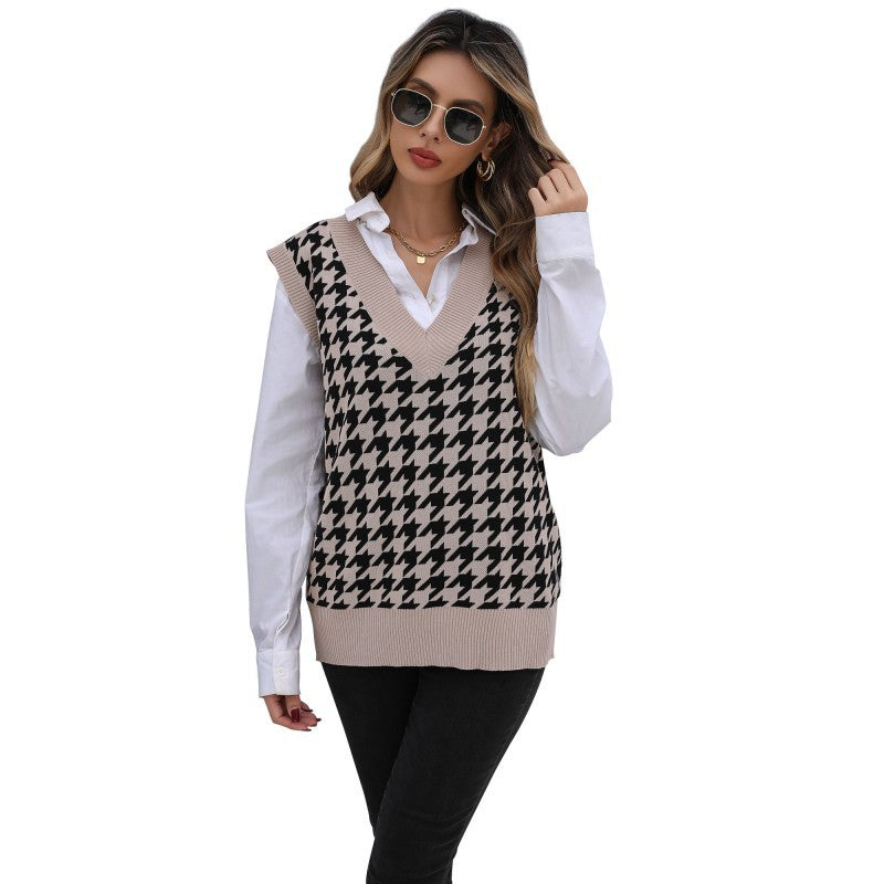 Damen eleganter Strickpullover mit V-Ausschnitt und Hahnentrittmuster Drune