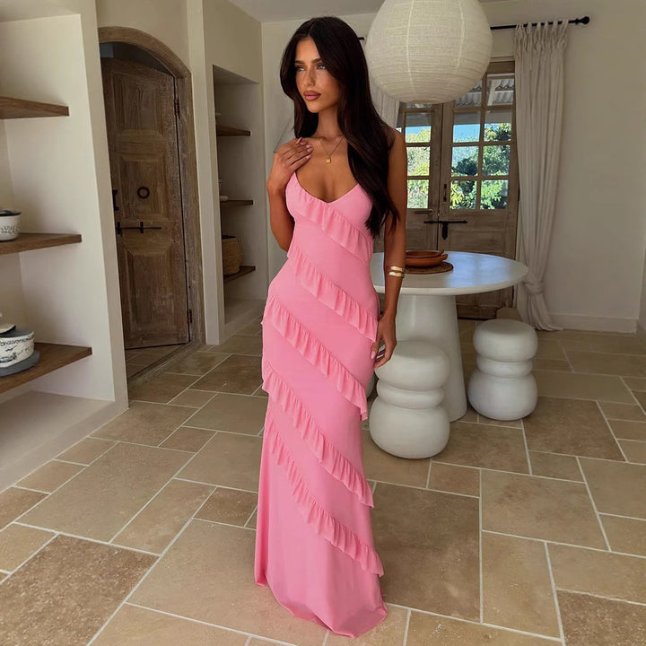 Damen Maxikleid mit Rüschendesign und Spaghettiträgern Drune