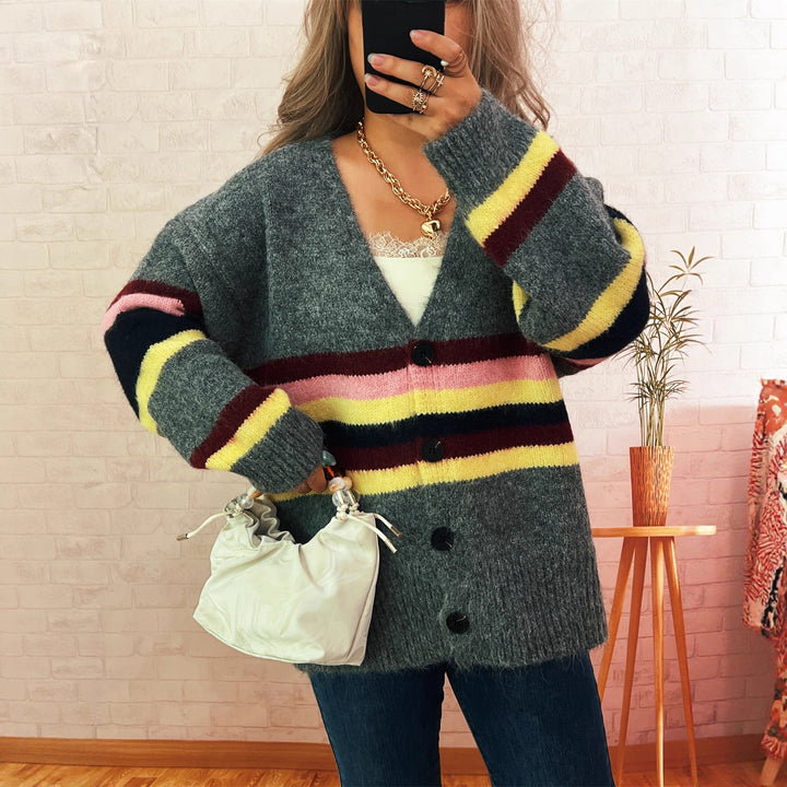 Damen kuschelige Strickjacke mit eleganten Streifen Drune