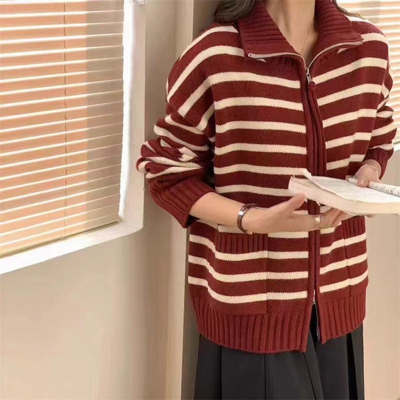 Damen Strickjacke mit modernem Streifenmuster und praktischen Taschen Drune