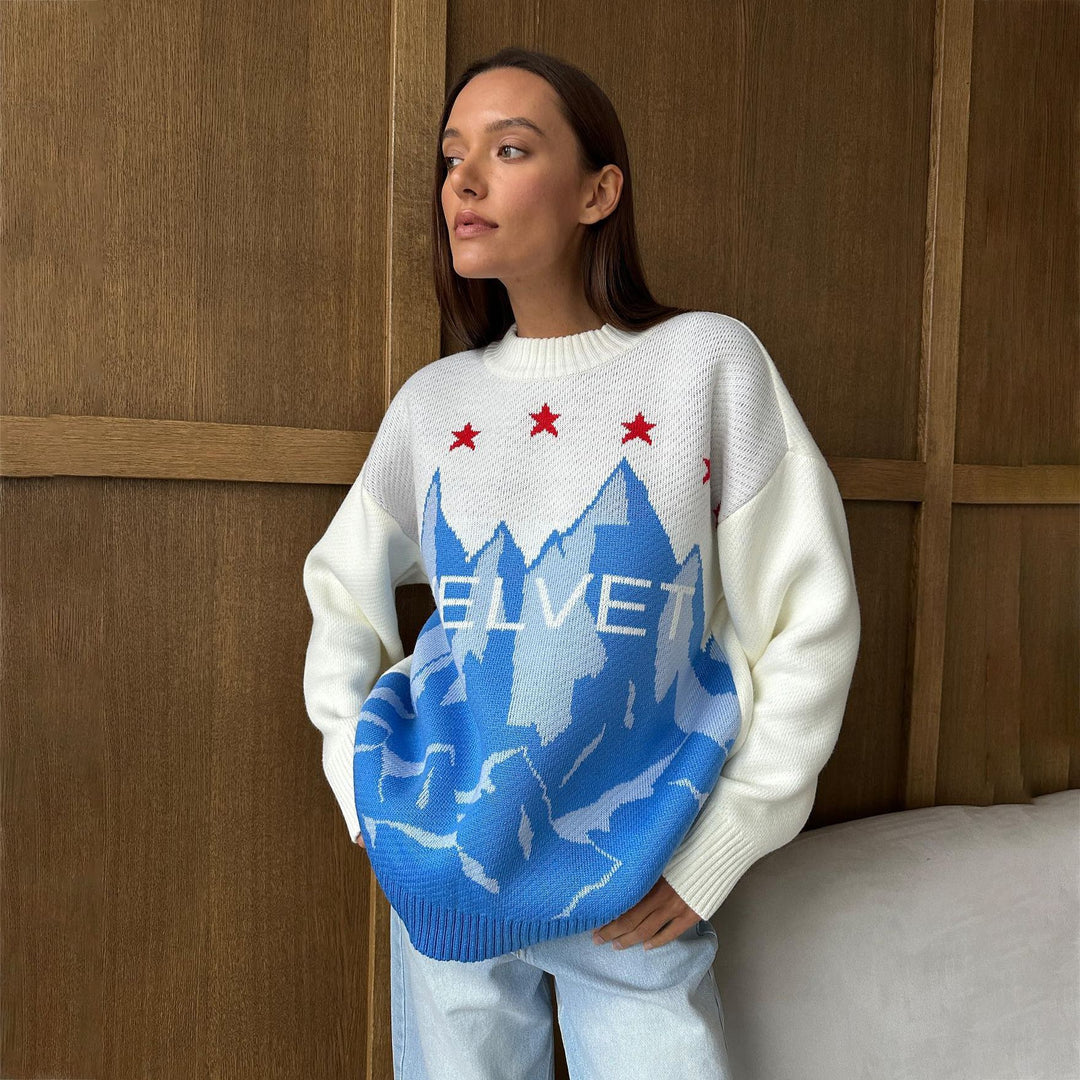 Damen Großer Strickpullover mit grafischem Bergdesign und stylischen Sternen Drune