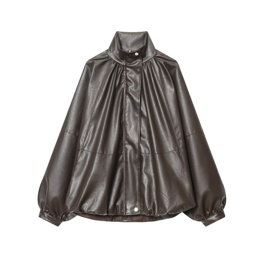 Damen Kunstlederjacke mit voluminösen Ärmeln und gewelltem Design Drune