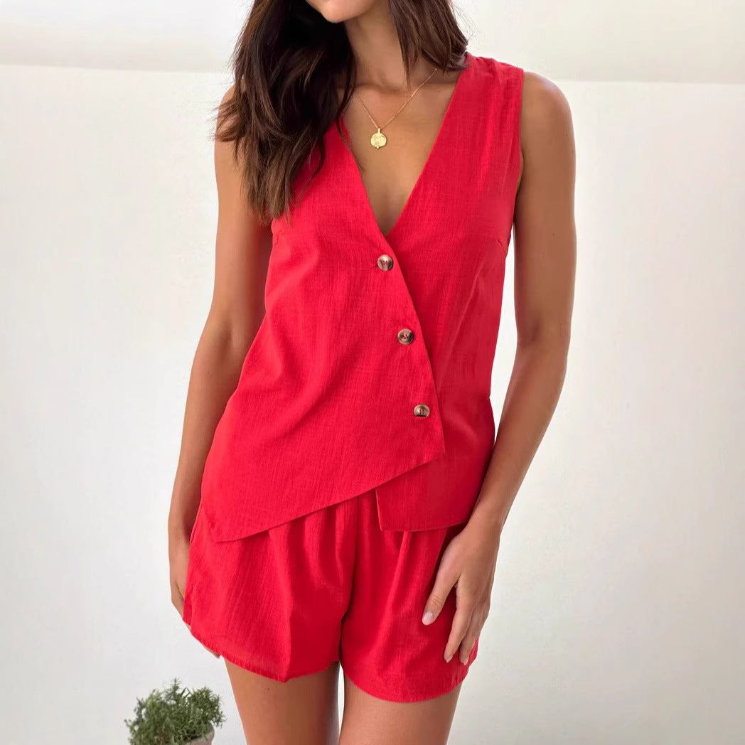 Damen lässiges Sommer-Outfit mit V-Ausschnitt und asymmetrischem Schnitt Drune