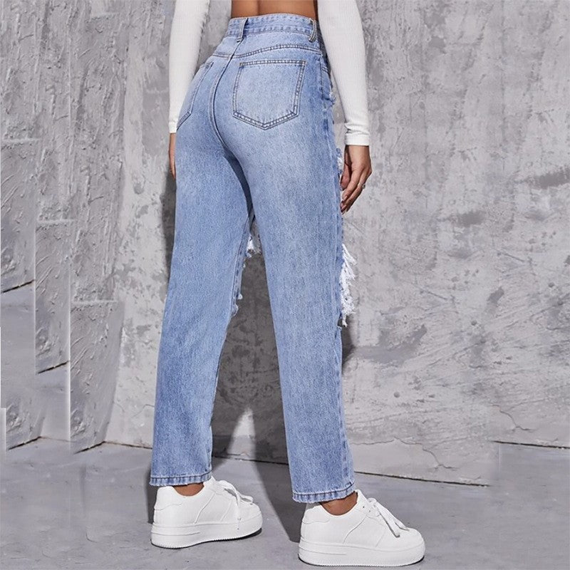 Damen High-Waist Destroyed Jeans im modernen Relaxed-Fit-Stil Drune