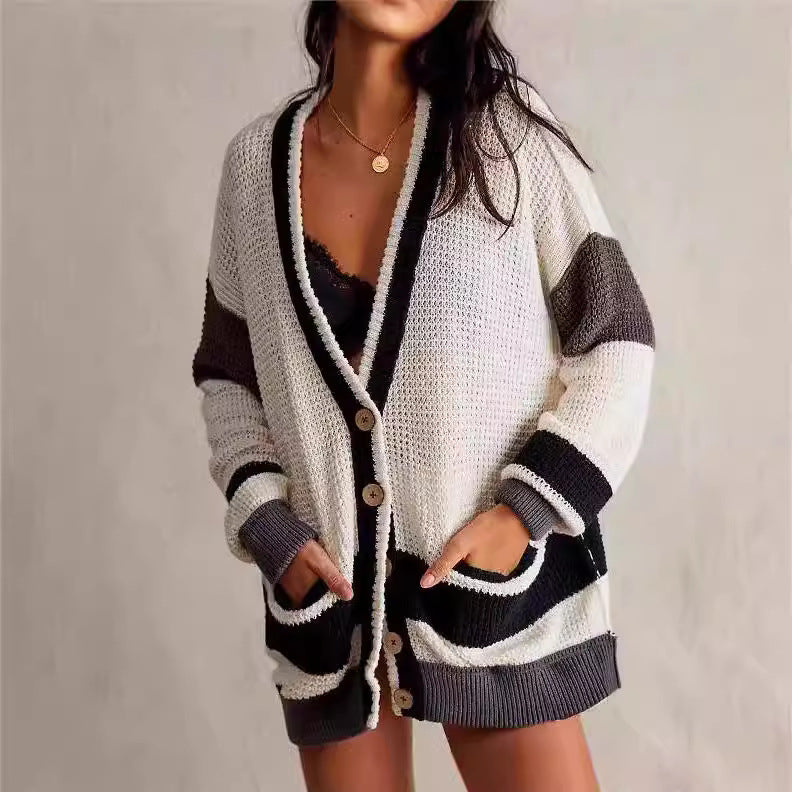 Damen lässiger Strickcardigan mit großen Taschen und stilvollen Kontraststreifen Drune