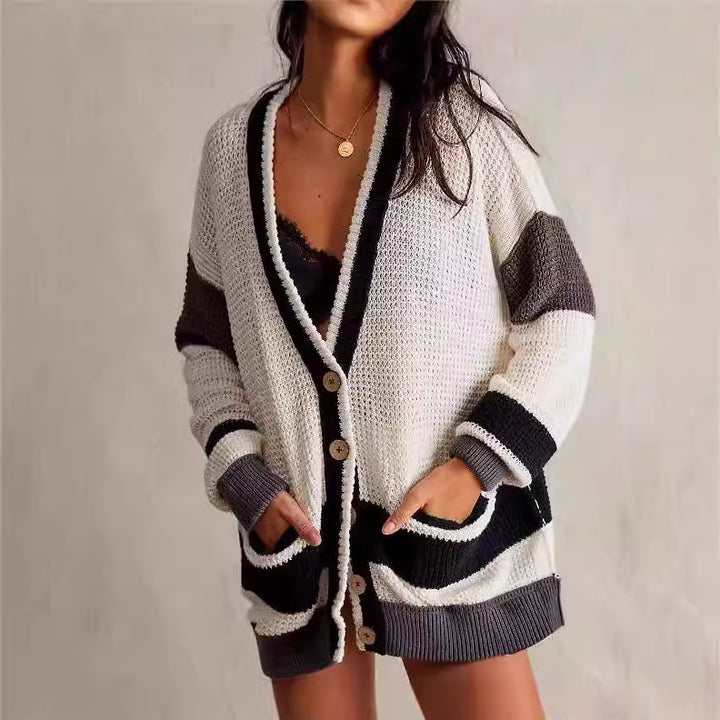 Damen lässiger Strickcardigan mit großen Taschen und stilvollen Kontraststreifen Drune