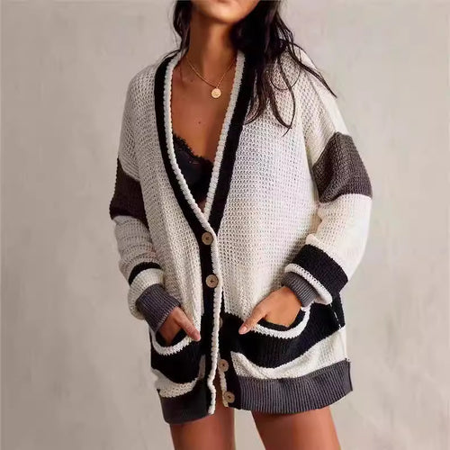 Damen lässiger Strickcardigan mit großen Taschen und stilvollen Kontraststreifen Drune