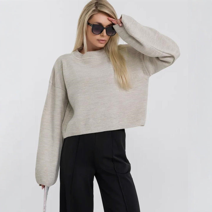 Damen cropped Strickpullover mit voluminösen Ärmeln und Rundhalsausschnitt Drune