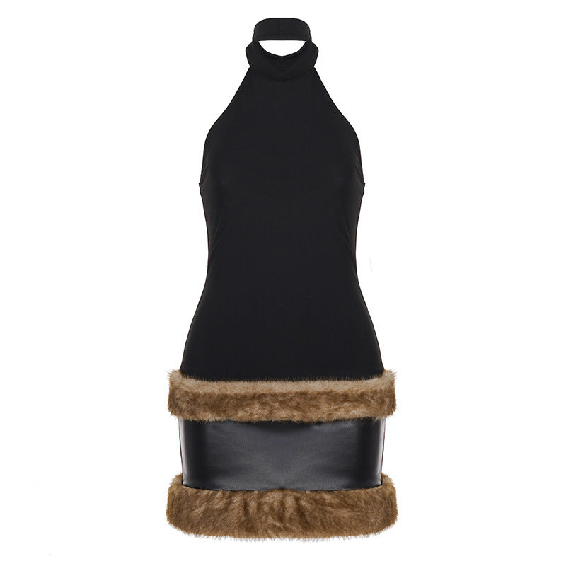 Damen modisches Halterkleid mit luxuriösem Kunstfellsaum Drune