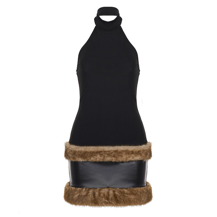 Damen modisches Halterkleid mit luxuriösem Kunstfellsaum Drune