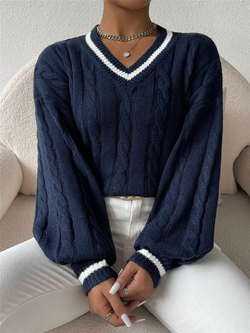 Damen Strickpullover mit modischem V-Ausschnitt und elegantem Zopfmuster Drune