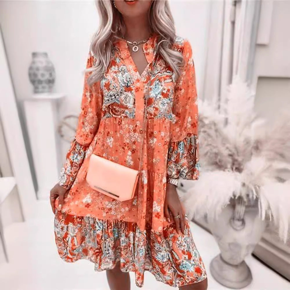 Damen nan florales Boho-Kleid mit V-Ausschnitt und Stufenrock Drune