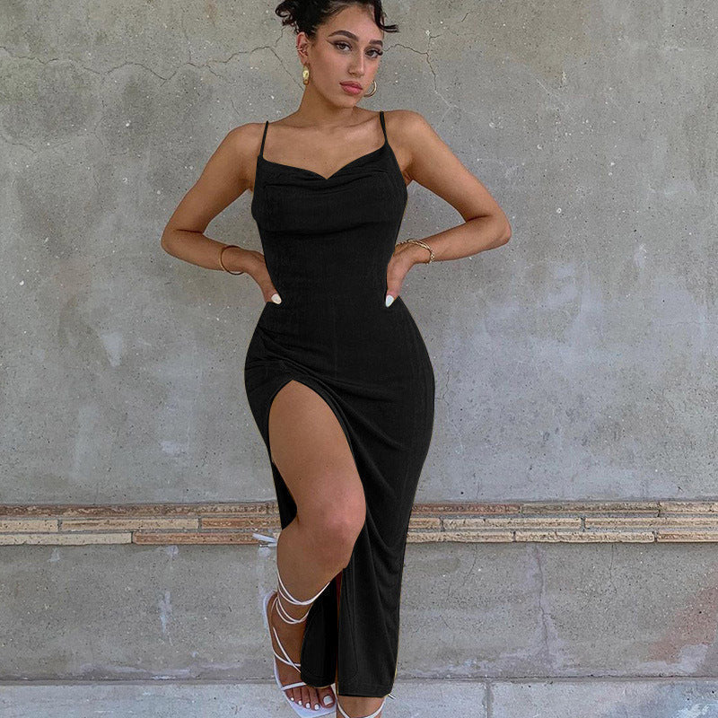 Damen Maxikleid mit tiefem Wasserfalldekolleté und hohem Schlitz Drune