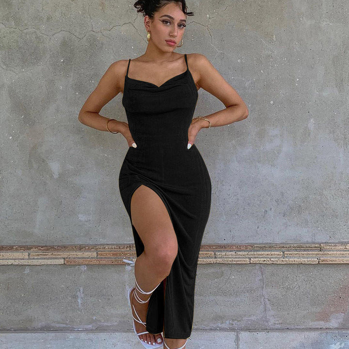 Damen Maxikleid mit tiefem Wasserfalldekolleté und hohem Schlitz Drune