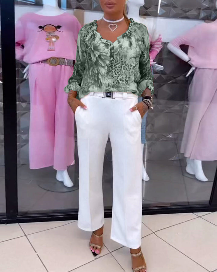 Damen nan leichte Satinbluse mit Animal- und Floralprint, Rüschenkragen, V-Ausschnitt und Manschettenärmeln Drune