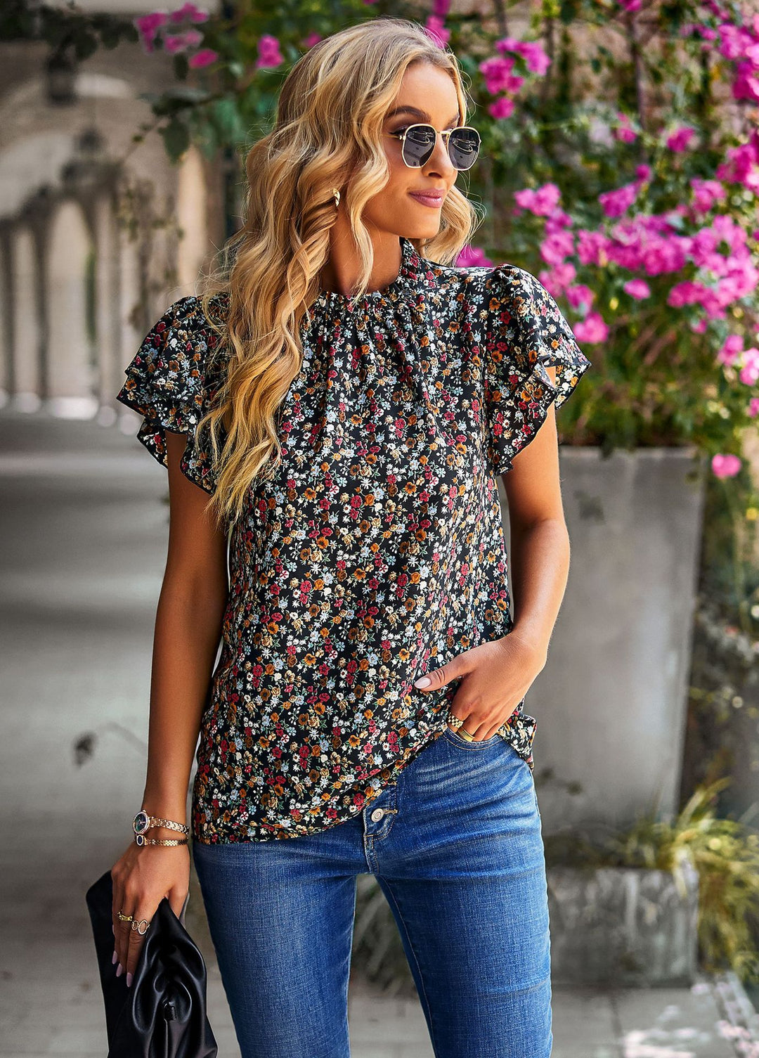 Damen Bluse mit floralem Design und Rüschendetails Drune