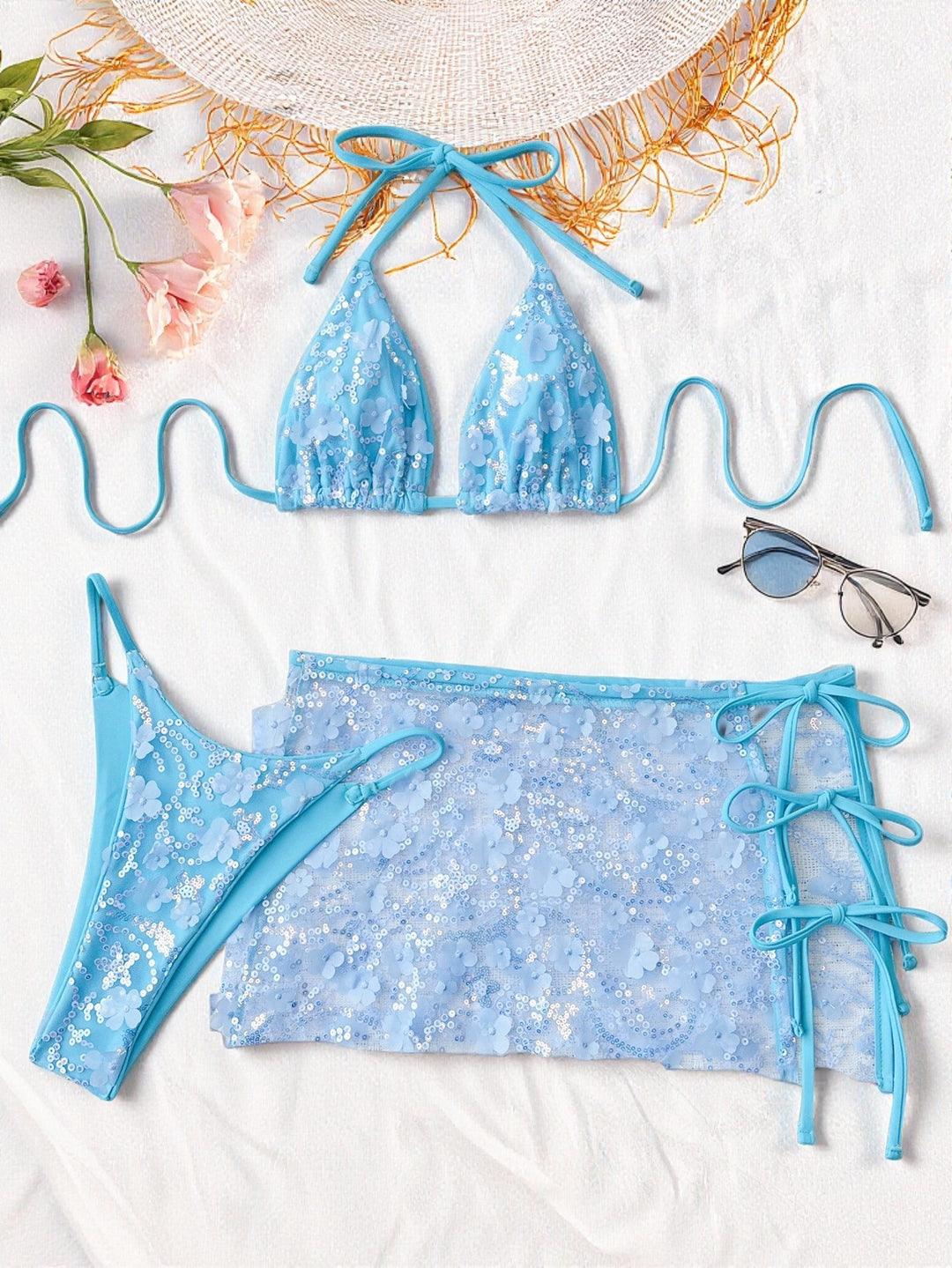 Damen Blumenmuster Triangel-Bikini mit transparentem Überrock Drune