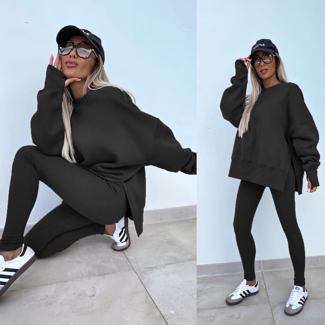 Damen nan Oversize Sweatshirt mit taillierten Rib-Leggings Set Drune
