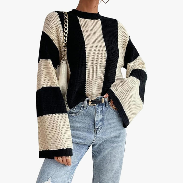 Damen lässiger Grobstrickpullover mit weitem Schnitt und Blockstreifen Drune