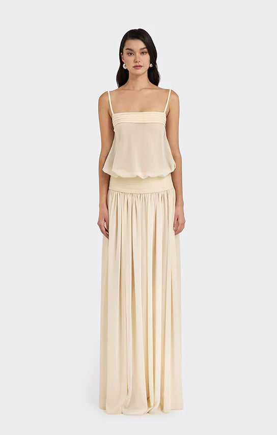 Damen Maxi-Kleid mit fließendem Chiffon-Oberteil und elastischem Bund Drune