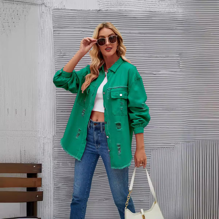 Damen Oversized Jeansjacke mit modernen Destroyed-Details Drune