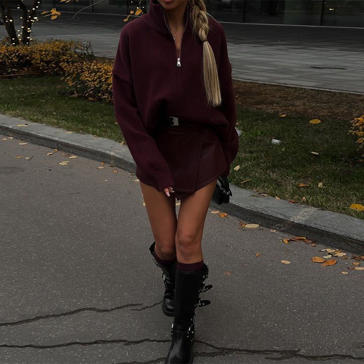 Damen Oversized Knitted Pullover mit halbem Reißverschluss Drune
